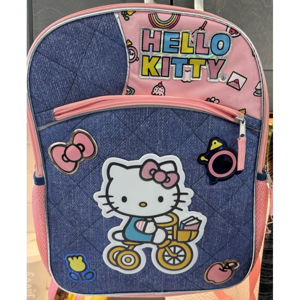 Sanrio Hello Kitty 16" Kids Deluxe Backpack - Denim Blue / Pink Pockets EUC